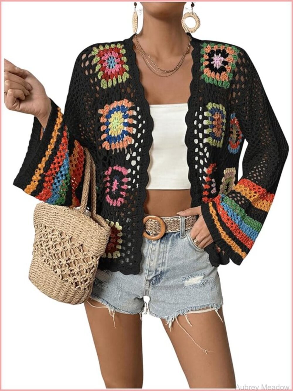 Women's Floral Crochet Cardigan Open Front Long Sleeve Sweater